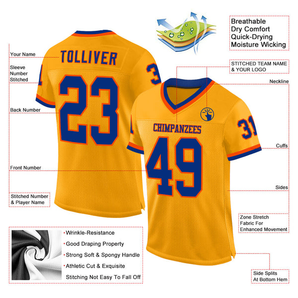 Custom Gold Royal-Orange Mesh Authentic Throwback Football Jersey alternate