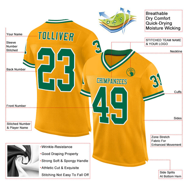 Custom Gold Kelly Green-White Mesh Authentic Throwback Football Jersey alternate