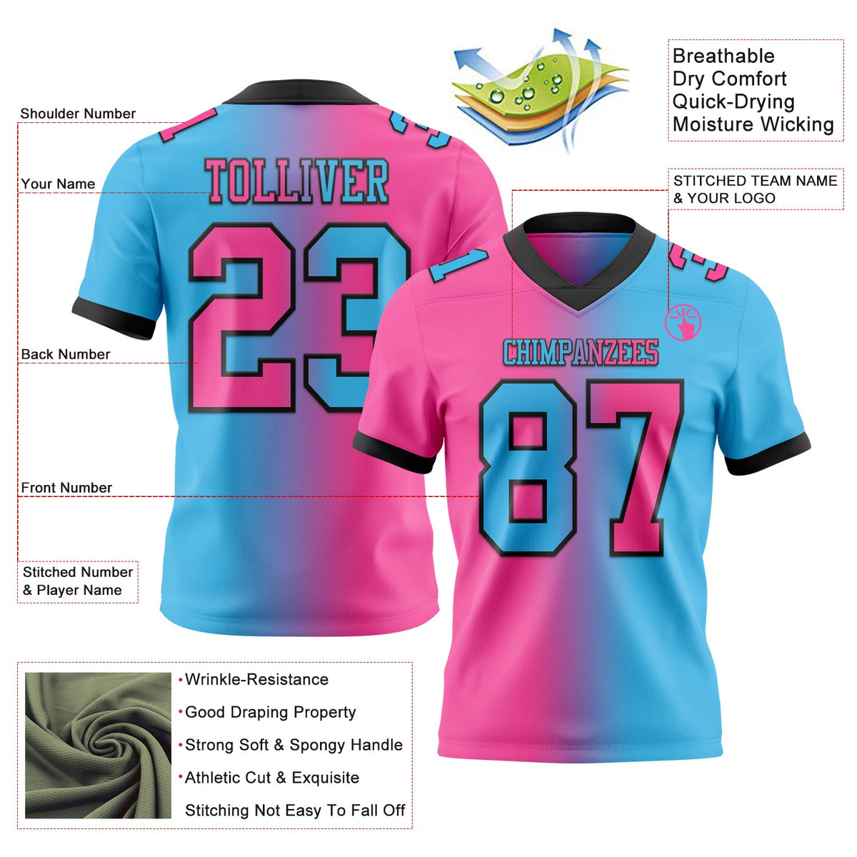Custom Sky Blue Pink-Black Authentic Gradient Fashion Football Jersey - Back