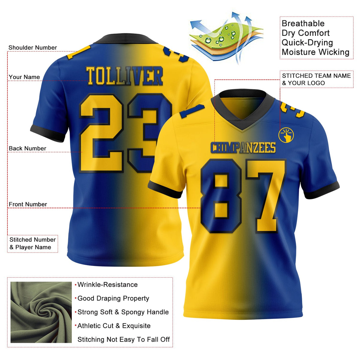 Custom Royal Yellow-Black Authentic Gradient Fashion Football Jersey - Back