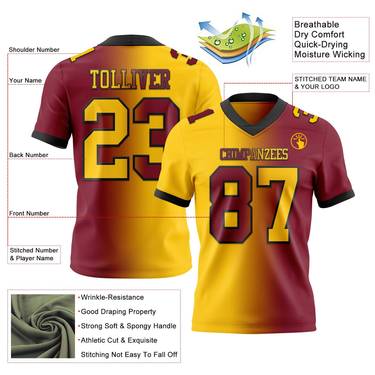 Custom Crimson Yellow-Black Authentic Gradient Fashion Football Jersey - Back