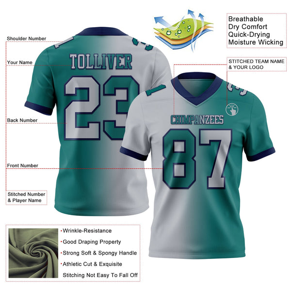 Custom Teal Gray-Navy Authentic Gradient Fashion Football Jersey alternate