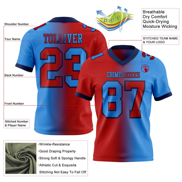 Custom Powder Blue Red-Navy Authentic Gradient Fashion Football Jersey alternate