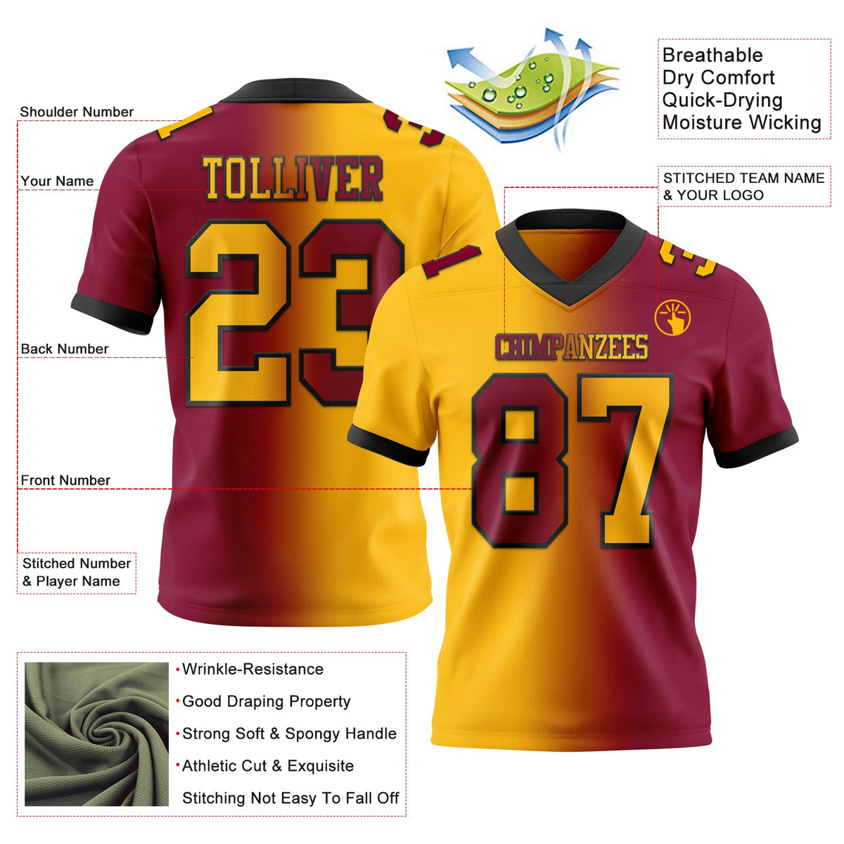 Custom Maroon Gold-Black Authentic Gradient Fashion Football Jersey - Back