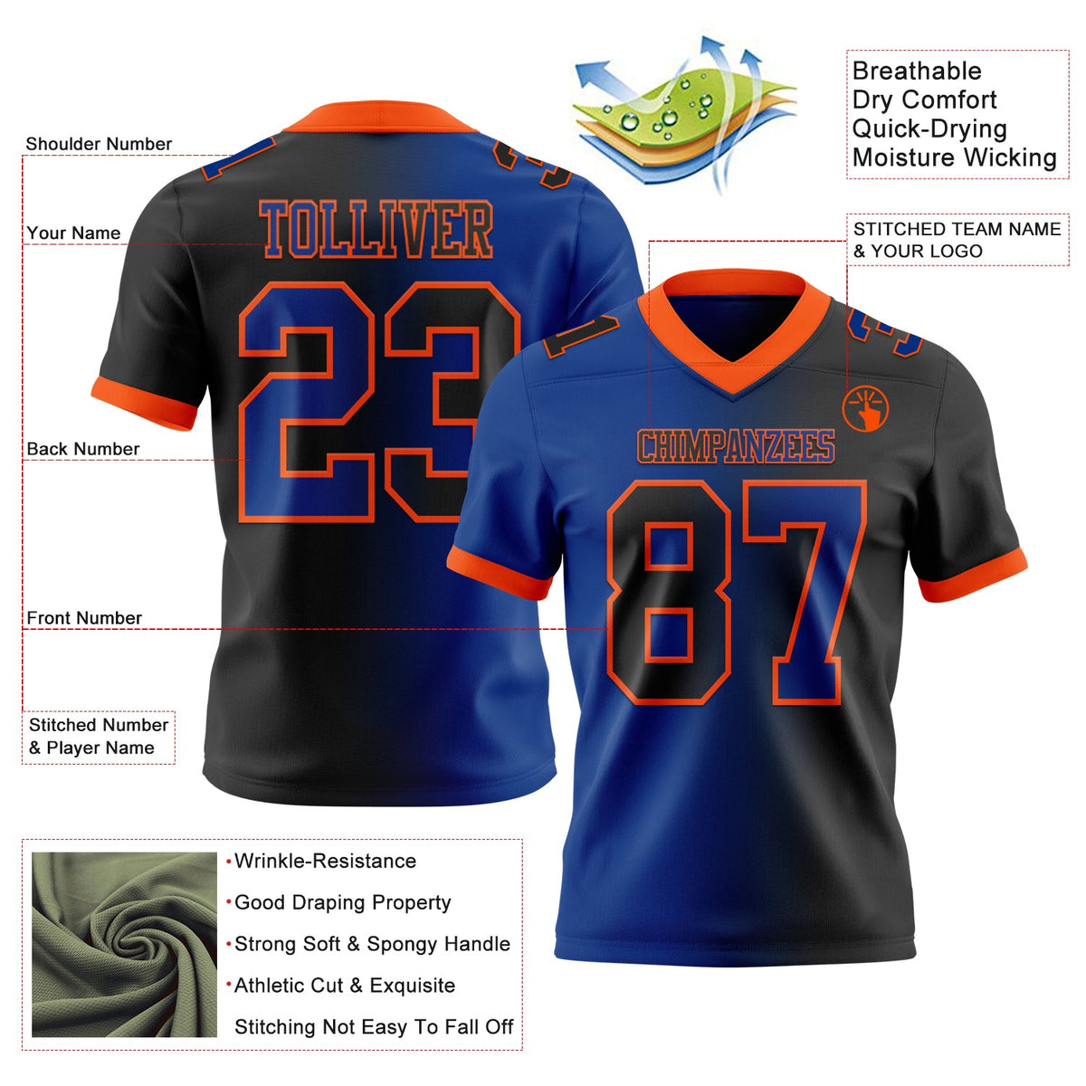Custom Black Royal-Orange Authentic Gradient Fashion Football Jersey - Back