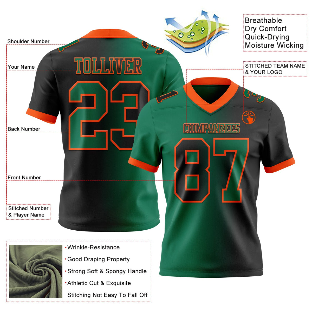 Custom Black Kelly Green-Orange Authentic Gradient Fashion Football Jersey - Back