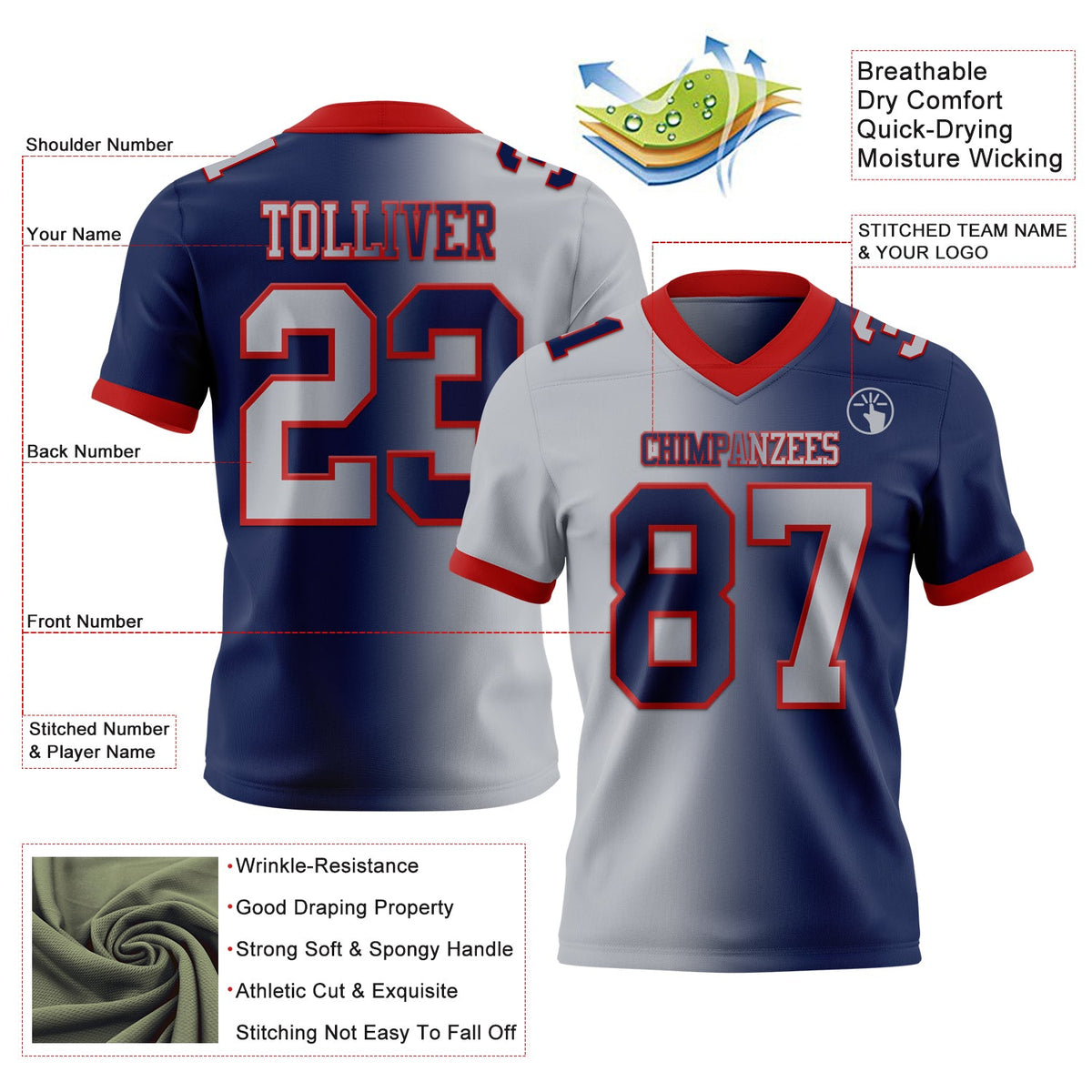 Custom Navy Gray-Red Authentic Gradient Fashion Football Jersey - Back