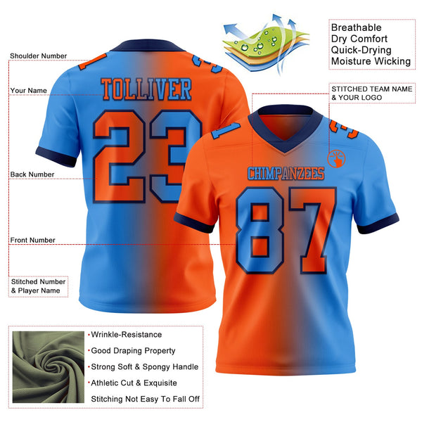 Custom Powder Blue Orange-Navy Authentic Gradient Fashion Football Jersey alternate