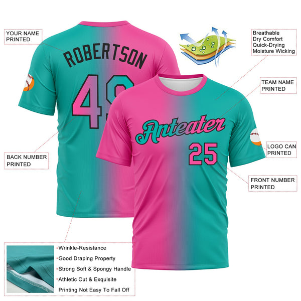 Custom Aqua Pink-Black Gradient Fashion Performance T-Shirt alternate