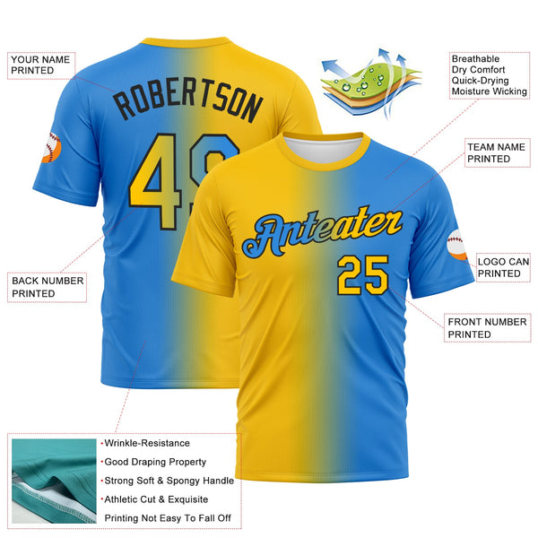 Custom Powder Blue Yellow-Black Gradient Fashion Performance T-Shirt alternate