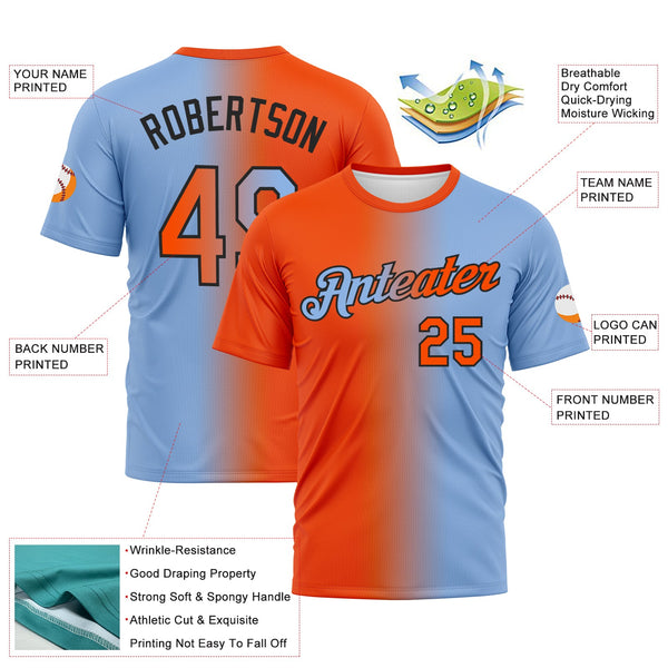 Custom Light Blue Orange-Black Gradient Fashion Performance T-Shirt alternate