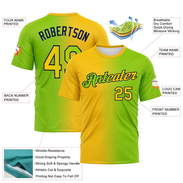 Custom Neon Green Yellow-Navy Gradient Fashion Performance T-Shirt alternate