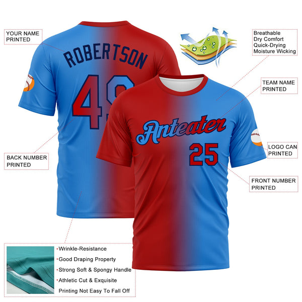 Custom Powder Blue Red-Navy Gradient Fashion Performance T-Shirt alternate