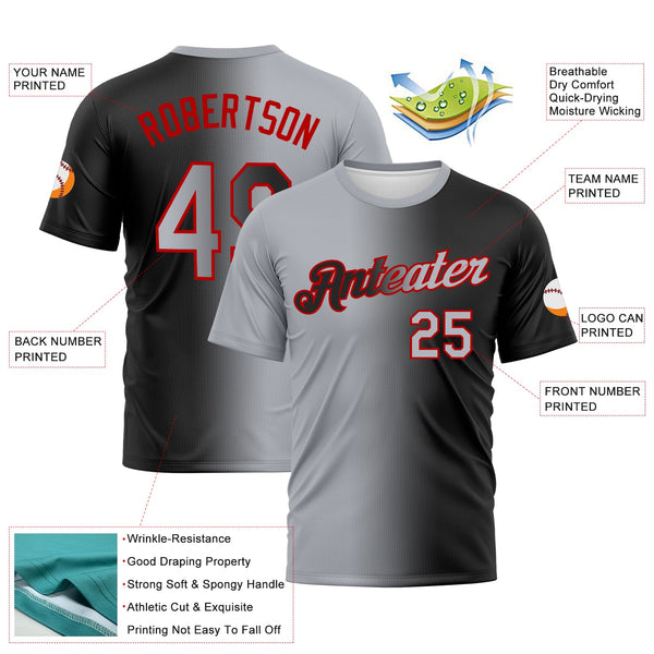 Custom Black Gray-Red Gradient Fashion Performance T-Shirt alternate