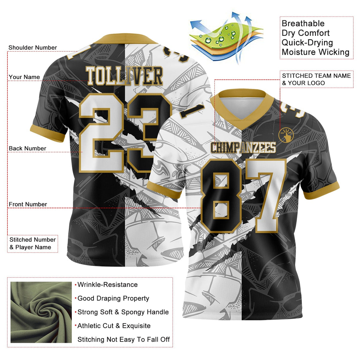 Custom Black White-Old Gold Authentic Gradient Fashion Scratch Football Jersey - Front