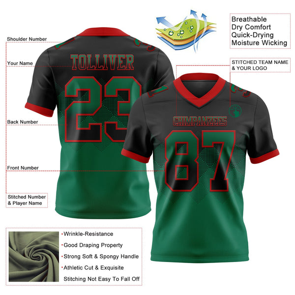Custom Black Kelly Green-Red Authentic Gradient Square Shape 7V7 Flag Football Jersey alternate