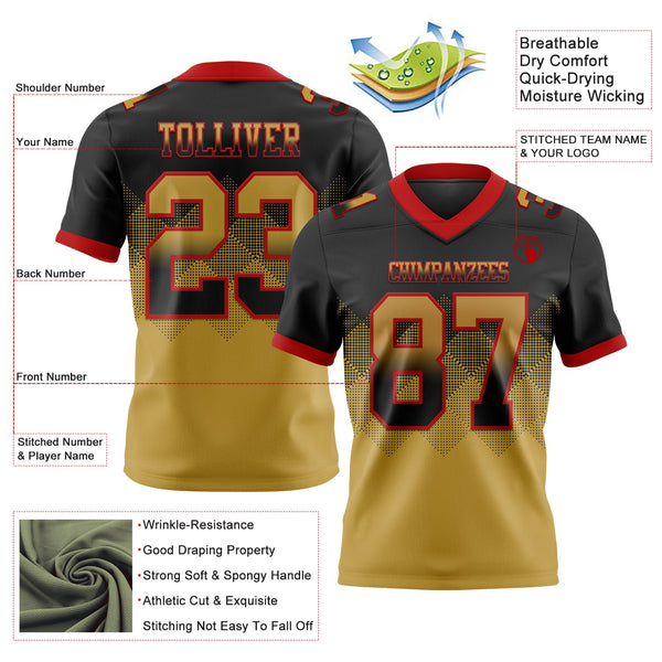 Custom Black Old Gold-Red Authentic Gradient Square Shape 7V7 Flag Football Jersey alternate