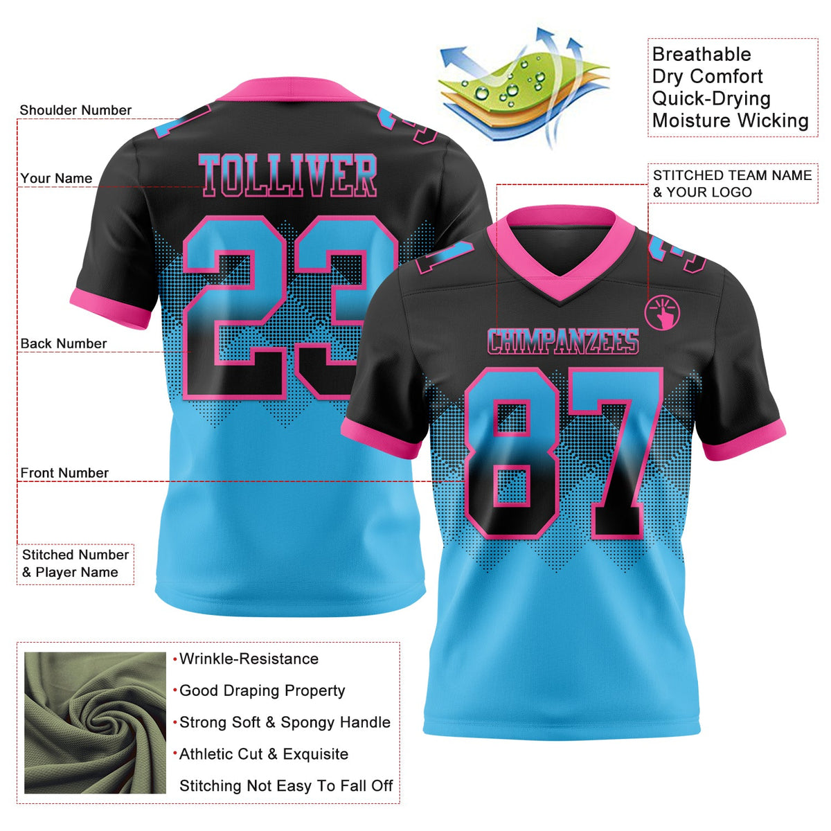 Custom Black Sky Blue-Pink Authentic Gradient Square Shape 7V7 Flag Football Jersey - Back