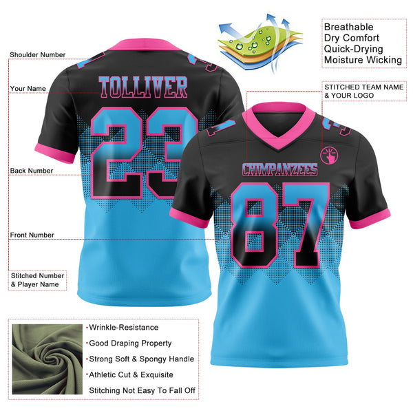 Custom Black Sky Blue-Pink Authentic Gradient Square Shape 7V7 Flag Football Jersey alternate