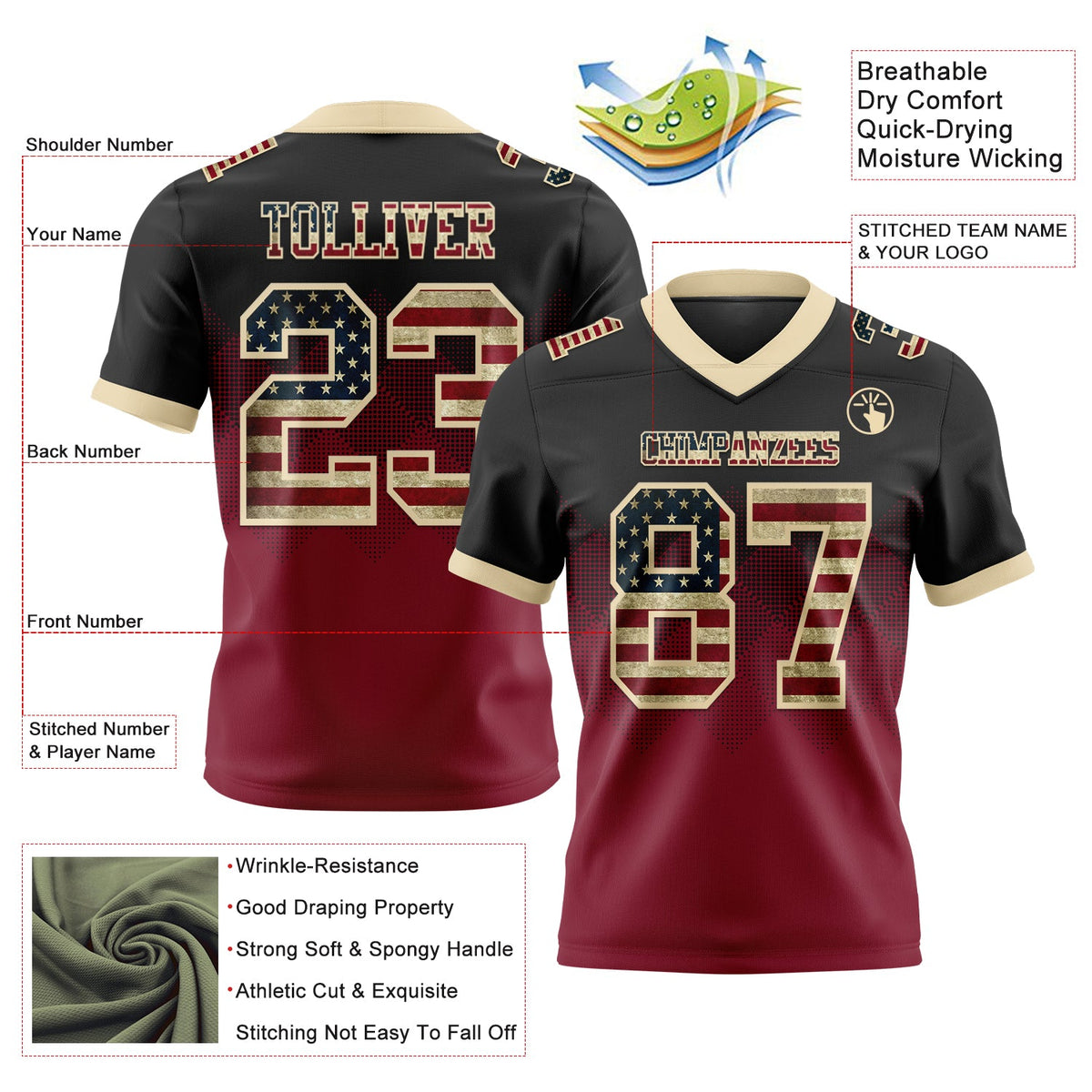 Custom Black Vintage USA Flag Crimson-Cream Authentic Gradient Square Shape 7V7 Flag Football Jersey - Back