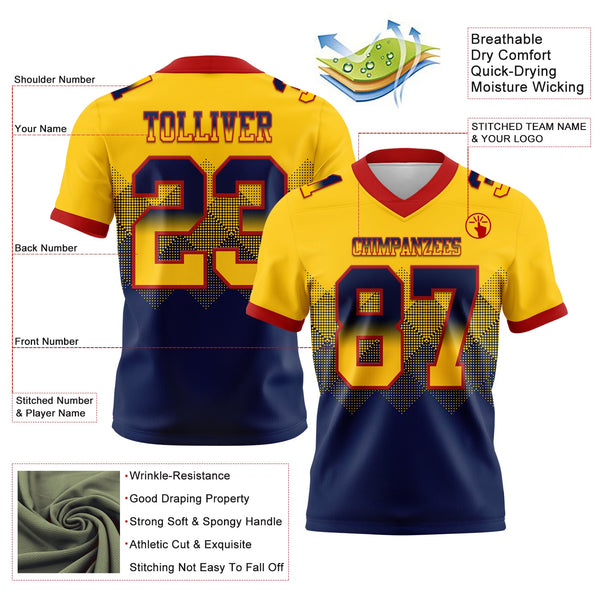 Custom Yellow Navy-Red Authentic Gradient Square Shape 7V7 Flag Football Jersey alternate