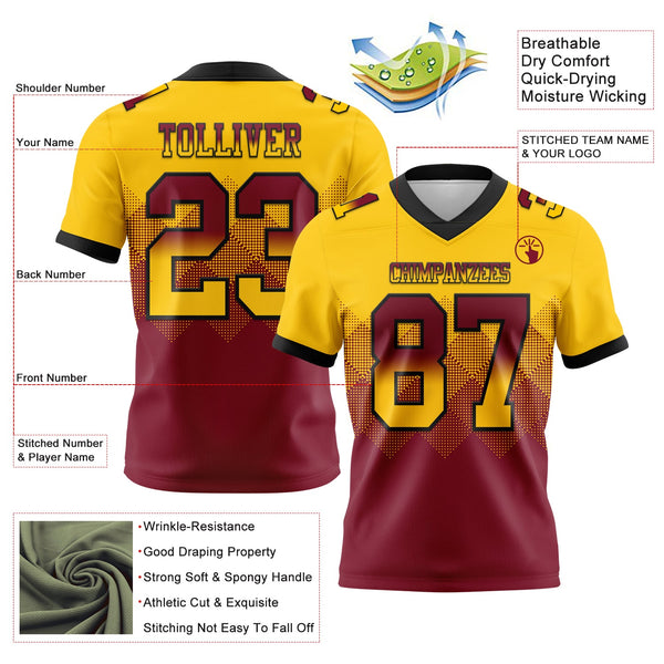 Custom Yellow Crimson-Black Authentic Gradient Square Shape 7V7 Flag Football Jersey alternate