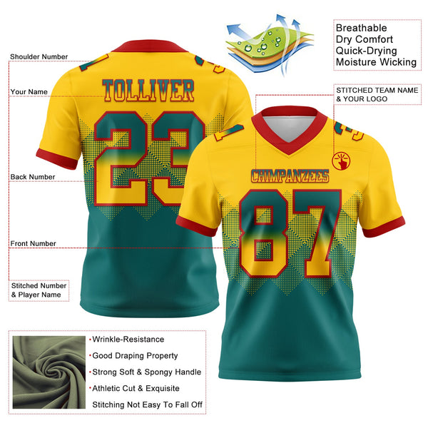 Custom Yellow Teal-Red Authentic Gradient Square Shape 7V7 Flag Football Jersey alternate