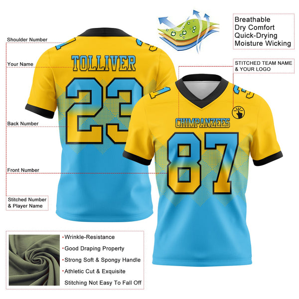 Custom Yellow Sky Blue-Black Authentic Gradient Square Shape 7V7 Flag Football Jersey alternate