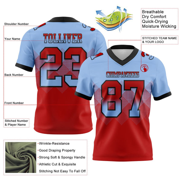 Custom Light Blue Red-Black Authentic Gradient Square Shape 7V7 Flag Football Jersey alternate