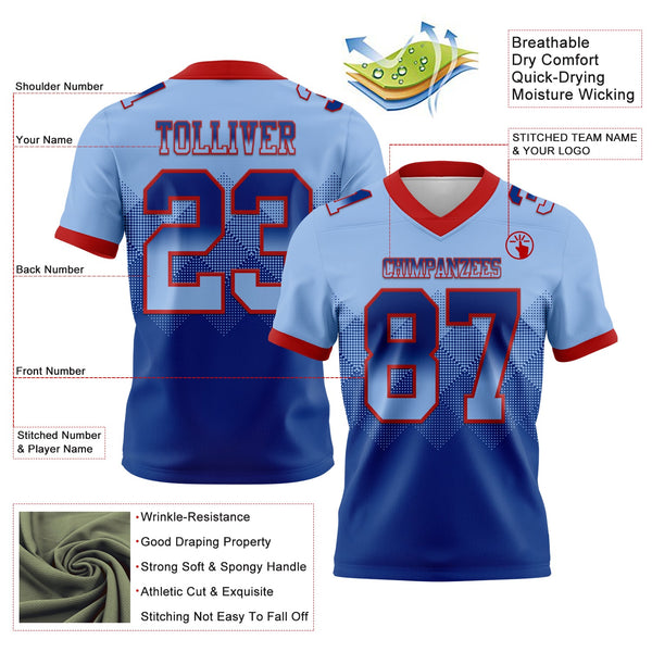 Custom Light Blue Royal-Red Authentic Gradient Square Shape 7V7 Flag Football Jersey alternate