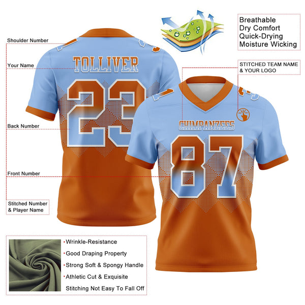 Custom Light Blue Texas Orange-White Authentic Gradient Square Shape 7V7 Flag Football Jersey alternate