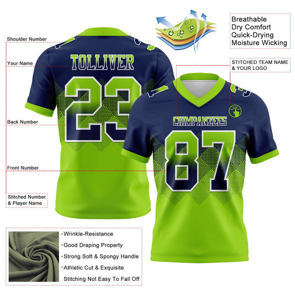 Custom Navy Neon Green-White Authentic Gradient Square Shape 7V7 Flag Football Jersey alternate