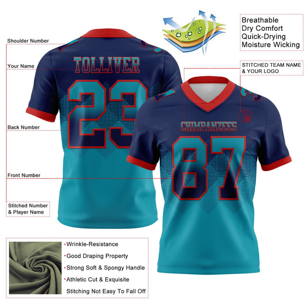 Custom Navy Teal-Red Authentic Gradient Square Shape 7V7 Flag Football Jersey alternate