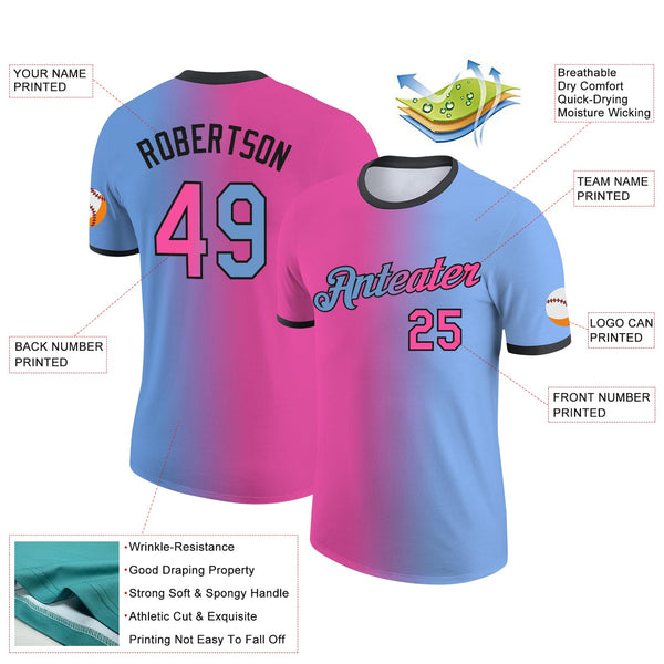 Custom Light Blue Pink-Black Gradient Fashion Performance T-Shirt alternate