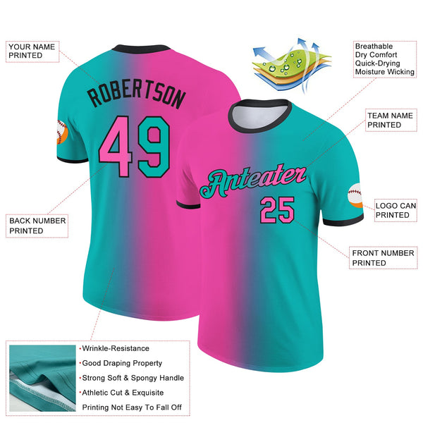 Custom Aqua Pink-Black Gradient Fashion Performance T-Shirt alternate