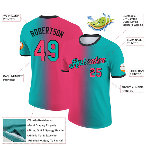 Custom Aqua Neon Pink-Black Gradient Fashion Performance T-Shirt alternate