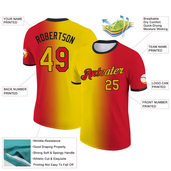 Custom Red Yellow-Black Gradient Fashion Performance T-Shirt alternate