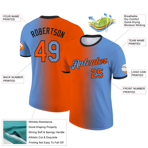 Custom Light Blue Orange-Black Gradient Fashion Performance T-Shirt alternate