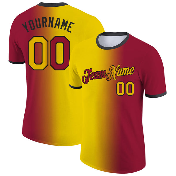 Custom Crimson Yellow-Black Gradient Fashion Performance T-Shirt