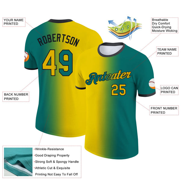 Custom Teal Yellow-Black Gradient Fashion Performance T-Shirt alternate