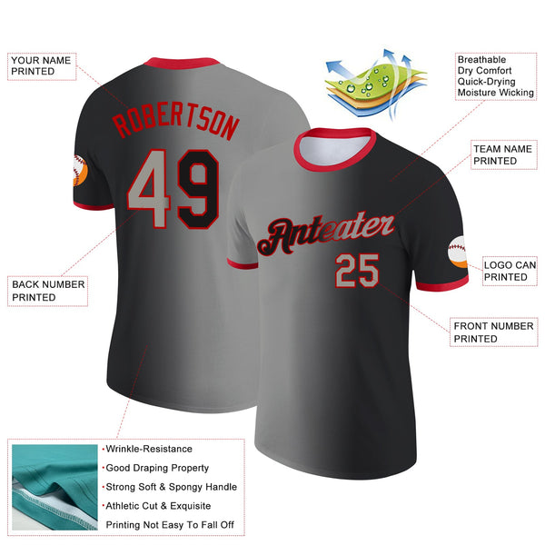 Custom Black Gray-Red Gradient Fashion Performance T-Shirt alternate