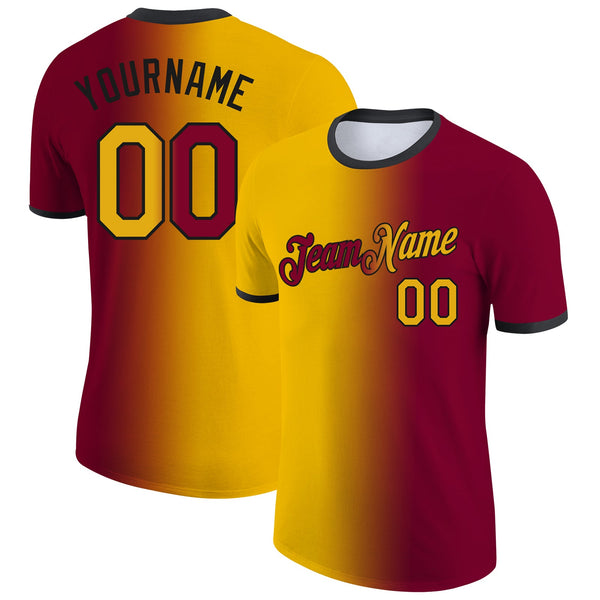 Custom Maroon Gold-Black Gradient Fashion Performance T-Shirt