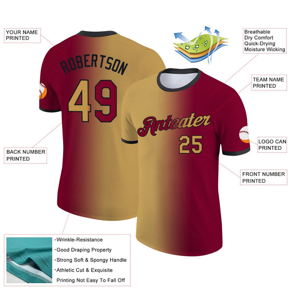Custom Maroon Old Gold-Black Gradient Fashion Performance T-Shirt alternate