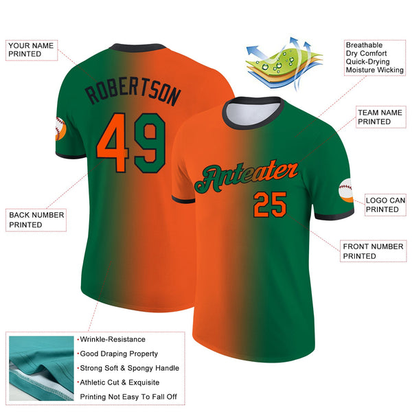 Custom Kelly Green Orange-Black Gradient Fashion Performance T-Shirt alternate