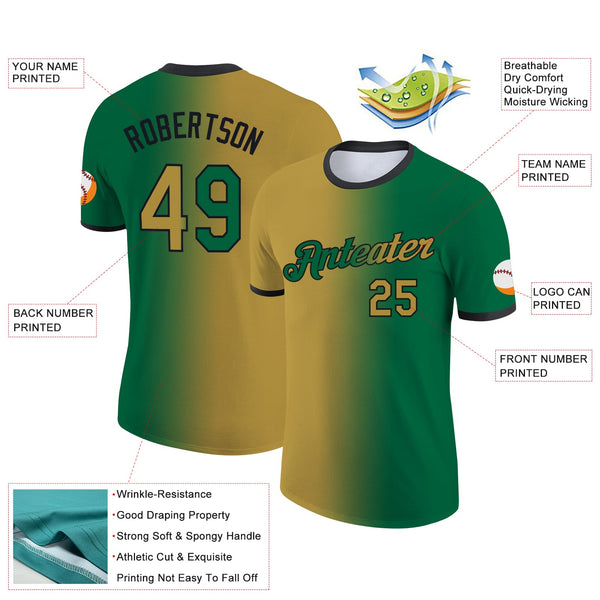 Custom Kelly Green Old Gold-Black Gradient Fashion Performance T-Shirt alternate