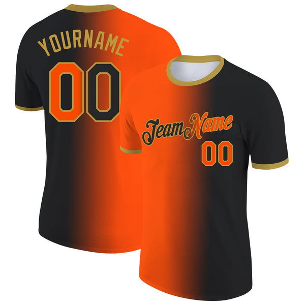 Custom Black Orange-Old Gold Gradient Fashion Performance T-Shirt