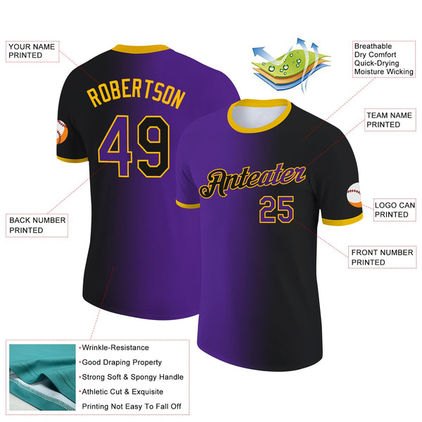 Custom Black Purple-Gold Gradient Fashion Performance T-Shirt alternate