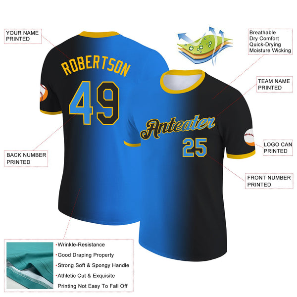 Custom Black Powder Blue-Gold Gradient Fashion Performance T-Shirt alternate