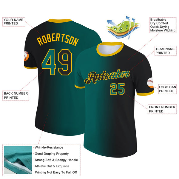 Custom Black Teal-Gold Gradient Fashion Performance T-Shirt alternate