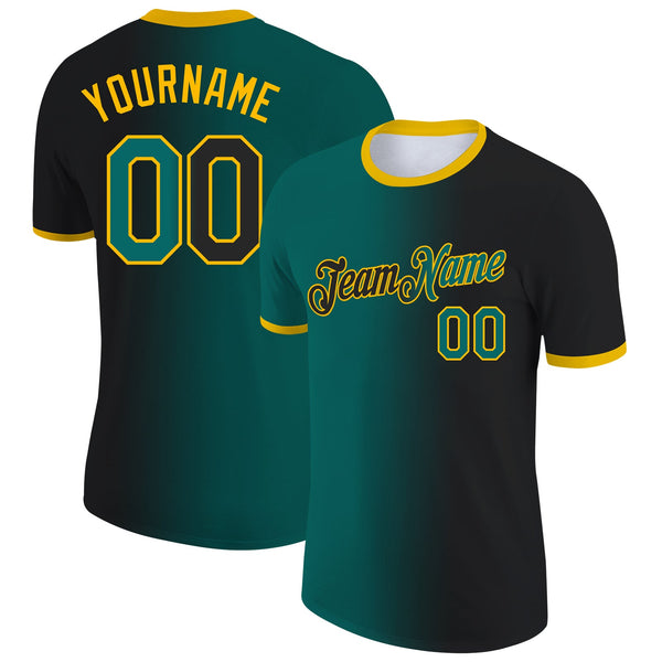 Custom Black Teal-Gold Gradient Fashion Performance T-Shirt